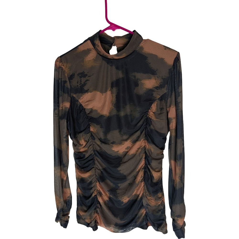 Fierce by Mally Illusion Ruched Mock Neck Top Womens Medium Camo Mesh LongSleeve